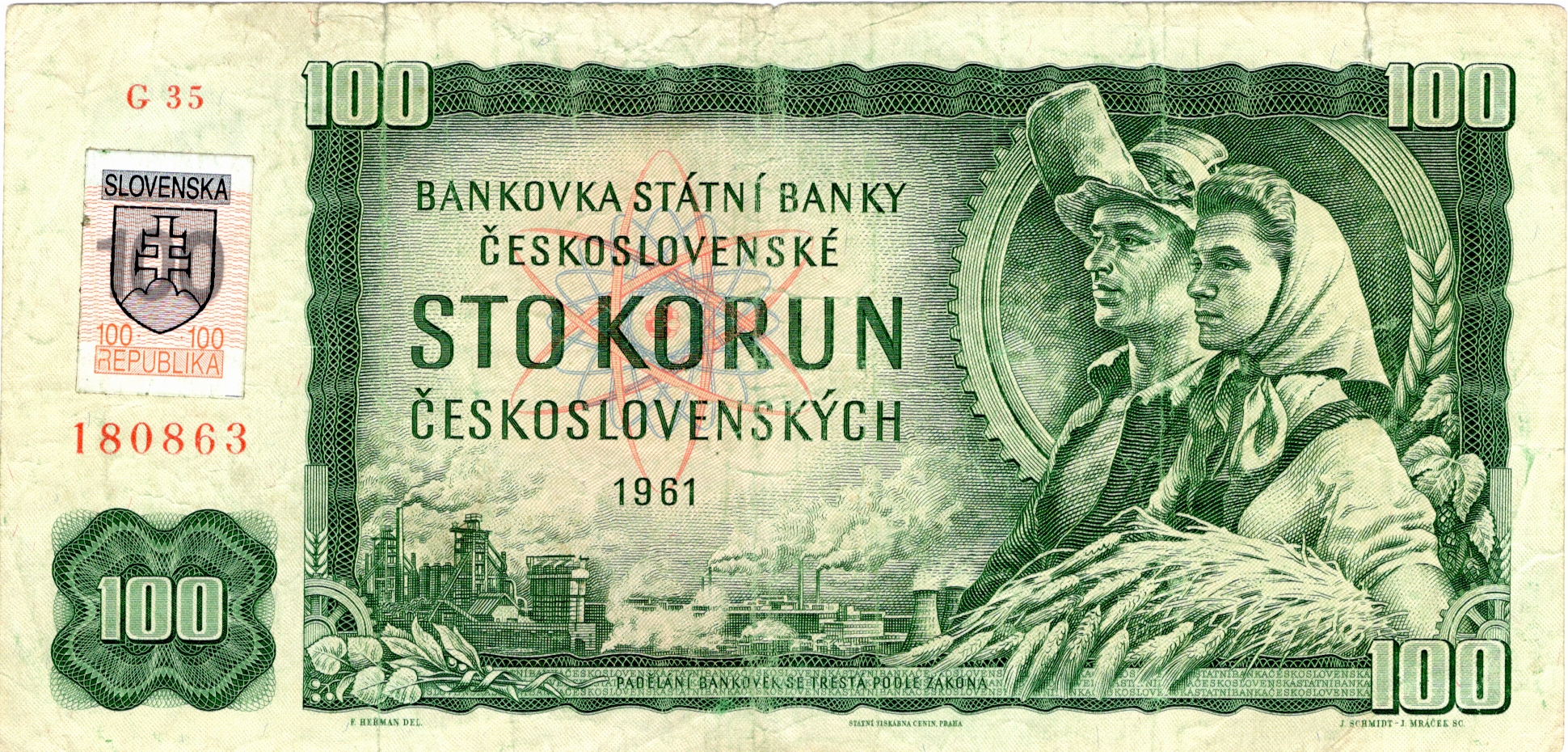 Československa Bankovka 100 Korun, 1961, G35 180863, Slovenský kolek