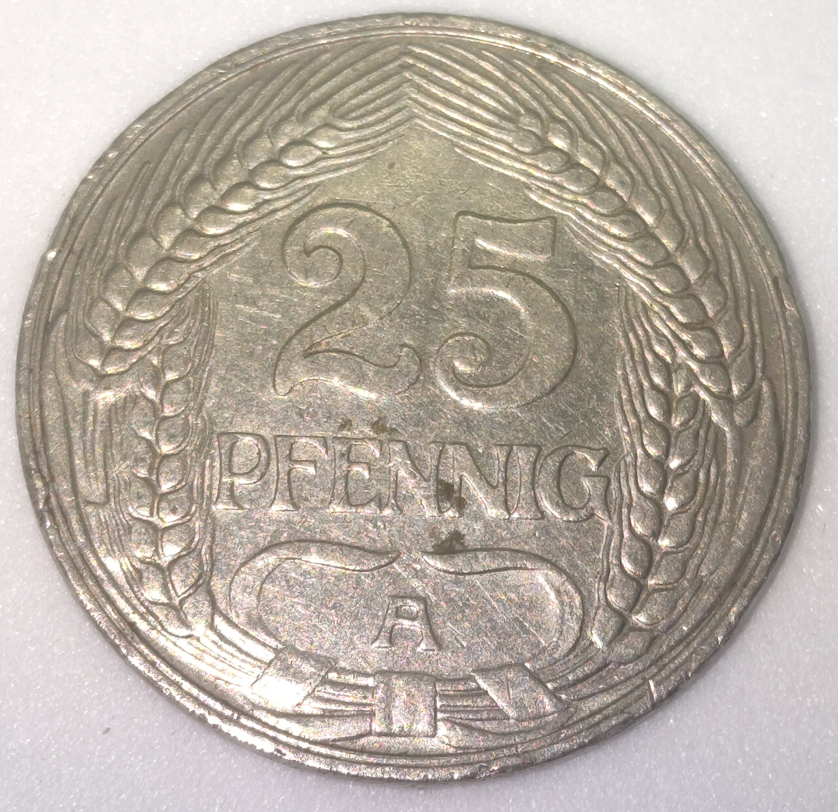 Stará Německá mince 25 Pfenig, Císařství 1910 A