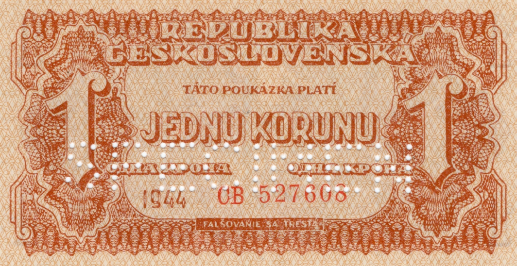 Korunová poukázka 1 koruna Československá 1944 - SPECIMEN Série CB 527608