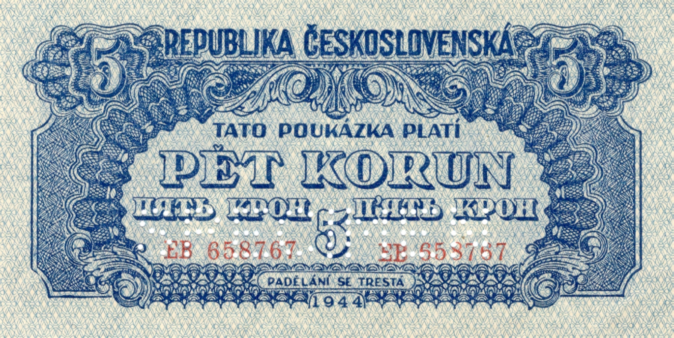 Korunová poukázka 5 korun Československá 1944 - SPECIMEN Série EB 658767