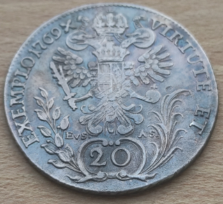 Stříbrná mince 20 krejcarů 1769 C Praha, Vzácnější typ ( kod 3 )