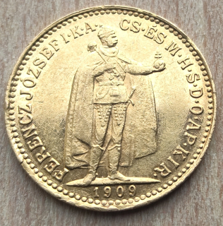 Zlatá uherská 10 korona 1909 KB, František Josef I.