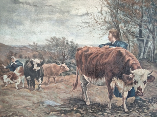 Krásný hodně starý obraz, Olej na plátně, Krávy na farmě